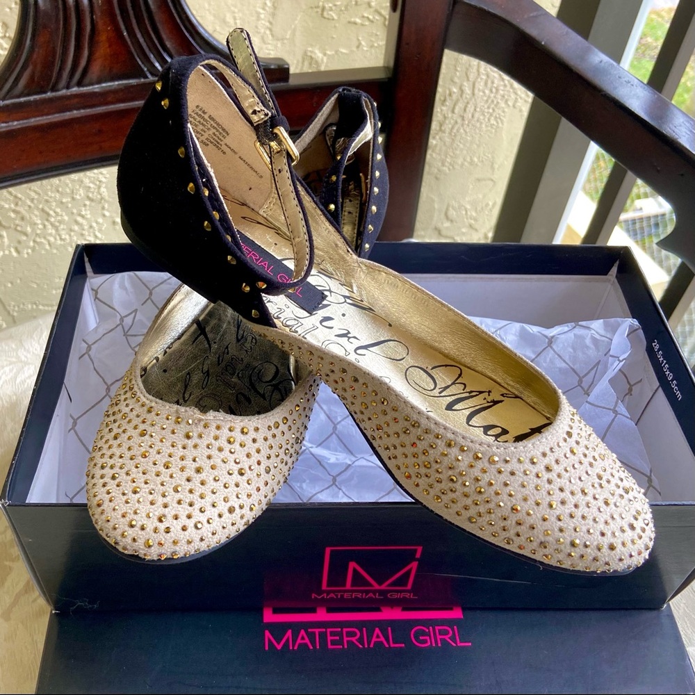 BEIGE AND BLACK SUEDE FLATS — GOLD STUDS — ANKLE STRAPS — SIZE 6.5